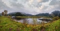 Foggy and overcast autumn day in Carpathian Mountains. Rika river bend, Transcarpathia, Ukraine Royalty Free Stock Photo