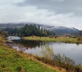 Foggy and overcast autumn day in Carpathian Mountains. Rika river bend, Transcarpathia, Ukraine Royalty Free Stock Photo