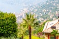 Foggy panoramic view of Ligurian coastline landscape. Graduated green mountain chains full of small towns and villages. Liguria is Royalty Free Stock Photo