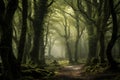 Foggy path in a picturesque forest in spring morning Royalty Free Stock Photo