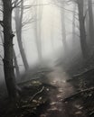 Foggy path on a slope in the forest with trees that have shed their leaves, made with generative ai