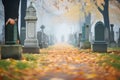 foggy pathway lined by old tombstones Royalty Free Stock Photo