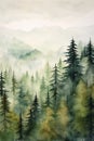 Foggy pine forest in mountains. Watercolor painting. Vertical printable artwork Royalty Free Stock Photo