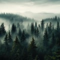 Foggy pine forest scene, aerial view
