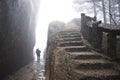 Foggy Rainny day. Stone Steep Steps . Treking walking hking Huangshan Mountain. Anhui, China. April 2009 Royalty Free Stock Photo