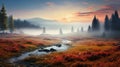 Foggy Valley Scenery: Mountain Landscape With Stream Sunset Hd Desktop
