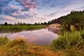 Foggy river in the morning. Summer foggy sunrise. Misty morning Royalty Free Stock Photo