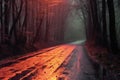 Foggy road in the dark forest at night, Nature background