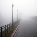 Foggy road with old lamps Royalty Free Stock Photo