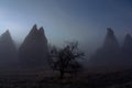 Foggy rocks and tree at sunrise in Capadocia Royalty Free Stock Photo