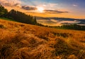 Foggy scenic glorious epic sunrise landscape panorama over valleys