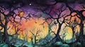 Foggy Spooky forest watercolor background. Fantasy landscape with mysterious trees. Dark scary woodland scene. Halloween Royalty Free Stock Photo