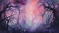 Foggy Spooky forest watercolor background. Fantasy landscape with mysterious trees. Dark scary woodland scene. Halloween Royalty Free Stock Photo