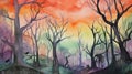 Foggy Spooky forest watercolor background. Fantasy landscape with mysterious trees. Dark scary woodland scene. Halloween Royalty Free Stock Photo