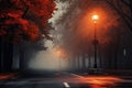 Foggy street lamp in the autumn park. 3d rendering, An empty illuminated country asphalt road through the trees and village in a Royalty Free Stock Photo