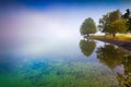 Foggy summer morning on the Bohinj lake in Triglav national park Royalty Free Stock Photo