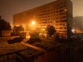 foggy summer night in russian suburban condo street Royalty Free Stock Photo