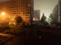 foggy summer night in russian suburban condo street Royalty Free Stock Photo