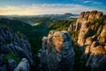 Foggy sunrise at Bastei, Saxon Switzerland, Germany Royalty Free Stock Photo