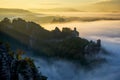 Foggy sunrise at Bastei, Saxon Switzerland, Germany. Typical saxony autumn landscape. Royalty Free Stock Photo