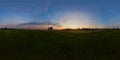 Foggy sunrise on meadow spherical panorama