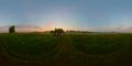 Foggy sunrise on meadow spherical panorama