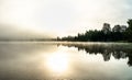 Foggy sunset with forest at long coast line, golden calm lake, Swedish countryside