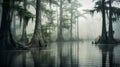 A foggy swamp with cypress trees and water in the background Royalty Free Stock Photo