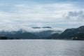 Foggy Teletskoye lake in Altai mountains