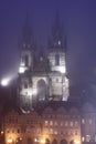 Foggy Tyn chapel in Prague Royalty Free Stock Photo