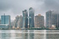 Foggy view of the Manhattan skyline from Gantry Plaza State Park, in Long Island City, Queens, New York City