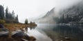 foggy view on a mountain lake and Pines on a shore