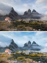 Foggy view of the National park Tre Cime di Lavaredo. Location Dolomiti alps, Tyrol, Italy, Europe