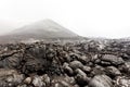 Foggy volcanic landscape near Volcano Tolbachik in the overcast weather. Kamchatka, Russia
