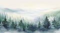 Foggy winter landscape with coniferous forest. illustration. Generative AI Royalty Free Stock Photo