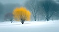 A foggy winter landscape features a lone tree with bright yellow leaves Royalty Free Stock Photo