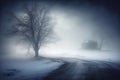 Mystical winter landscape with a lonely old house in the fog Royalty Free Stock Photo