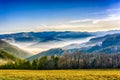 Foggy winter morning sunrise over a rural hilly landscape with fields, forest, fog Royalty Free Stock Photo