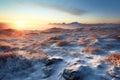 Foggy winter sunrise over the mountain range, Dramatic unusual scene