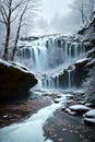 Foggy winter waterfall and melting snow AI generated art Royalty Free Stock Photo