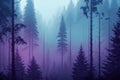 A foggy wood pine forest with dark trees shillouettes and purple blue colors. Dramatic fog in the forest. Ai generated