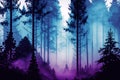 A foggy wood pine forest with dark trees shillouettes and purple blue colors. Dramatic fog in the forest. Ai generated