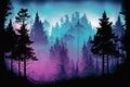 A foggy wood pine forest with dark trees shillouettes and purple blue colors. Dramatic fog in the forest. Ai generated