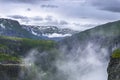 Fogy mountains in Norway on cloudy sky background