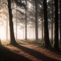 a fogy spooky forest with sunlight shining on the tree trunks and branches.