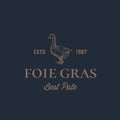Foie Gras Goose Pate Abstract Vector Sign, Symbol or Logo Template. Hand Drawn Goose Sillhouette with Retro Typography