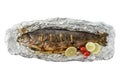 Foil baked grilled whole salmon trout isolated on white