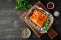 Foil pack dinner with fish. Fillet of salmon. Healthy diet food, keto diet