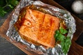 Foil pack dinner with fish. Fillet of salmon. Healthy diet food, keto diet