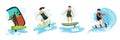 Foilboard rider set. Young people surfing efoil boards.